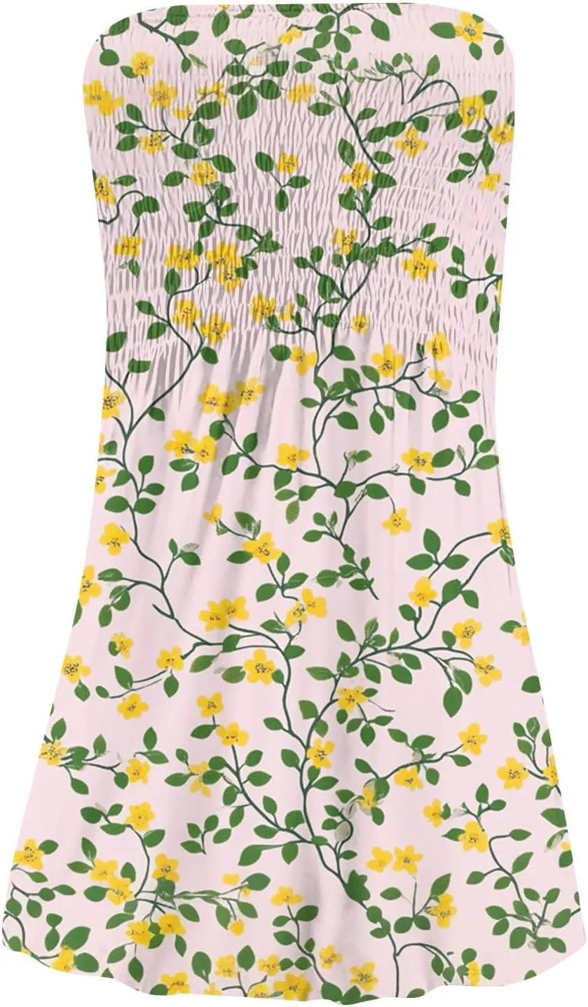 Summer Dresses for Women 2025 Strapless Floral Tube Dress Off shouldes Mini Boho Sundress Smocked Ruffle Sun Dress