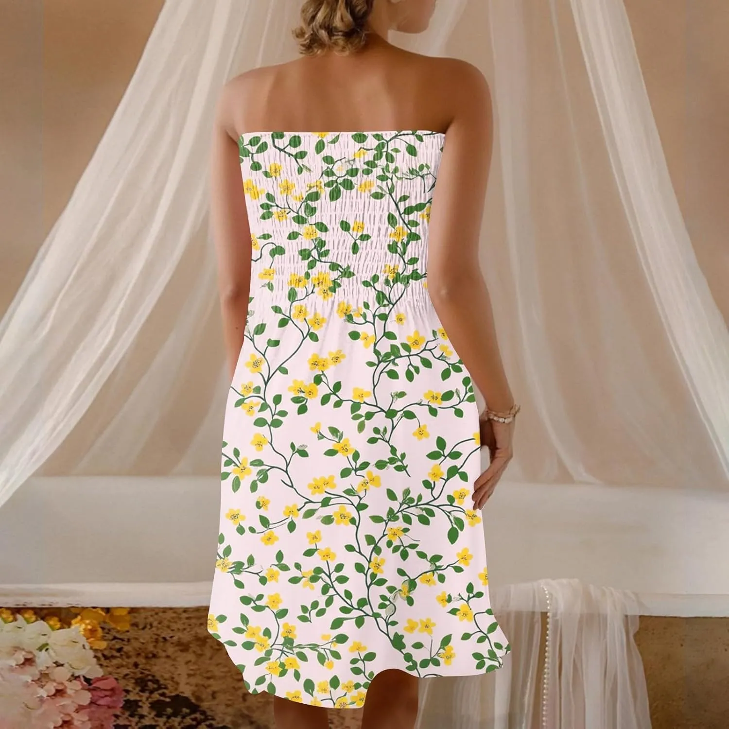 Summer Dresses for Women 2025 Strapless Floral Tube Dress Off shouldes Mini Boho Sundress Smocked Ruffle Sun Dress