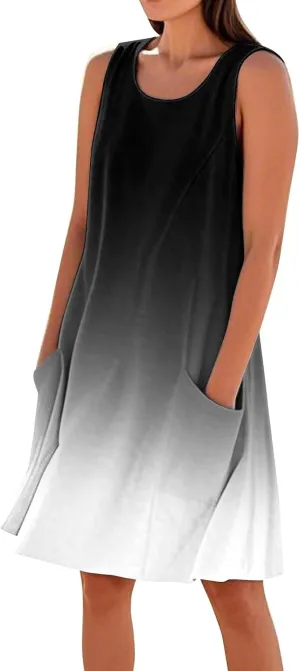 Summer Dresses for Women 2025 U Neck Loose Tank Dress Sleeveless Casual T Shirt Dress Beach Sundresses with Pockets