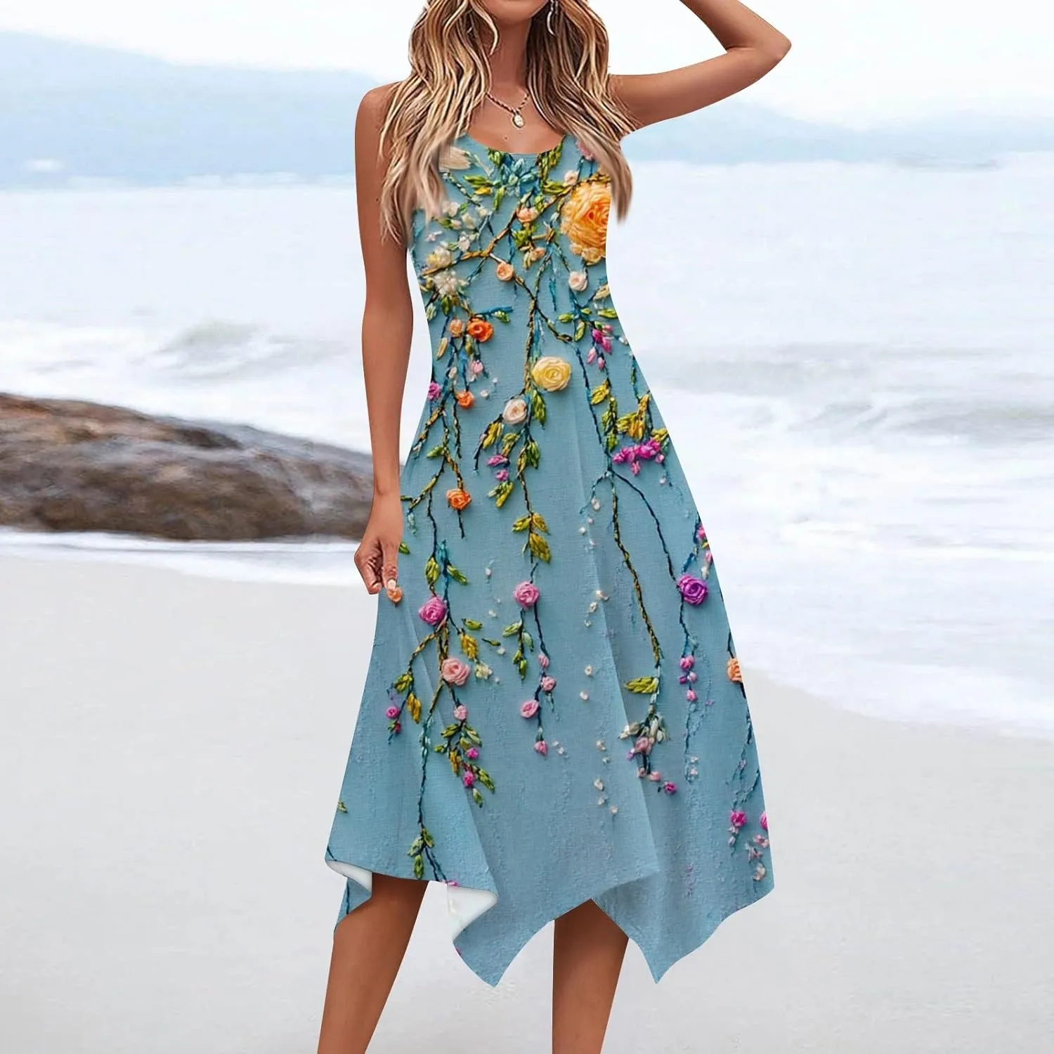 Summer Dresses for Women Summer Casual Beach Sundresses Flowy Hankerchief Hem Midi Tank Dresses Floral Sleeveless Dress