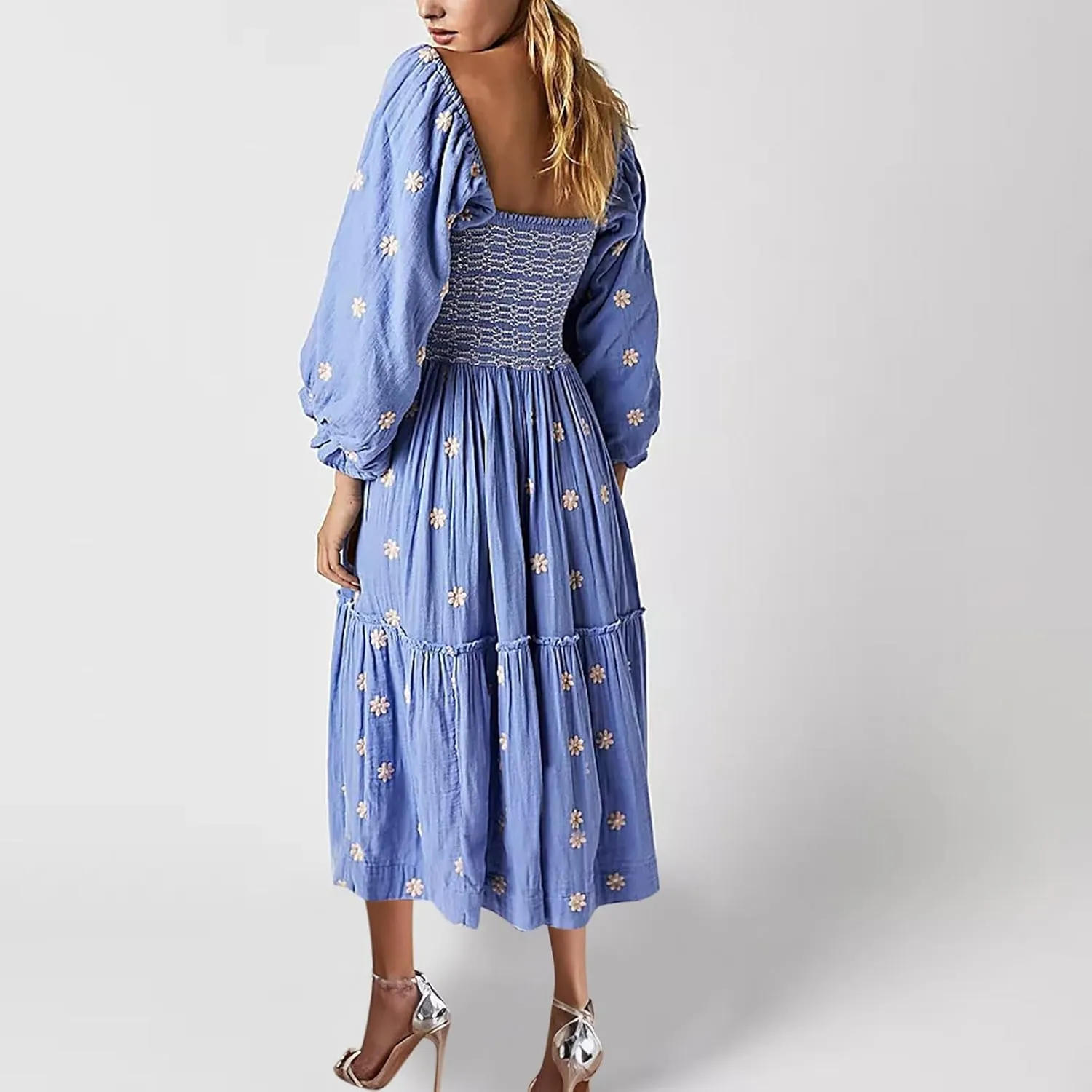 Summer Midi Dresses for Women 2024 3/4 Sleeve Printed Sundresses Long Sleeve Square Neck Loose Fit Flowy Dresses