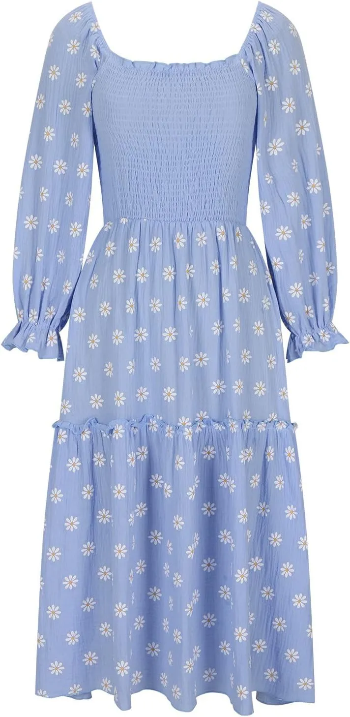 Summer Midi Dresses for Women 2024 3/4 Sleeve Printed Sundresses Long Sleeve Square Neck Loose Fit Flowy Dresses