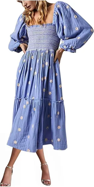 Summer Midi Dresses for Women 2024 3/4 Sleeve Printed Sundresses Long Sleeve Square Neck Loose Fit Flowy Dresses