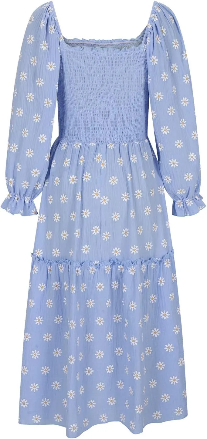 Summer Midi Dresses for Women 2024 3/4 Sleeve Printed Sundresses Long Sleeve Square Neck Loose Fit Flowy Dresses