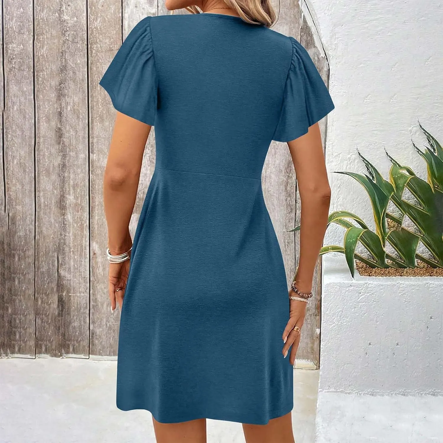 Summer Midi Dresses for Women Twist Front V Neck Short Sleeve Sundress Trendy Flowy Dress Boho Beach Vacation Outfits