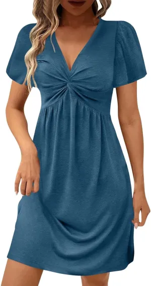 Summer Midi Dresses for Women Twist Front V Neck Short Sleeve Sundress Trendy Flowy Dress Boho Beach Vacation Outfits