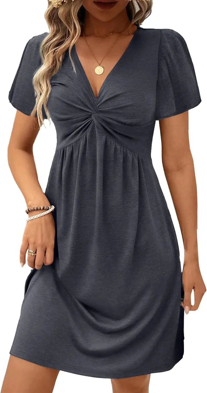 Summer Midi Dresses for Women Twist Front V Neck Short Sleeve Sundress Trendy Flowy Dress Boho Beach Vacation Outfits