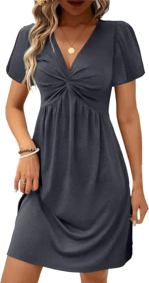 Summer Midi Dresses for Women Twist Front V Neck Short Sleeve Sundress Trendy Flowy Dress Boho Beach Vacation Outfits