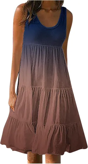 Sun Dresses for Women 2024 Vacation Plus Size Gradient Loose Fit Ruched Beach Dresses Tiered Knee Length Dresses