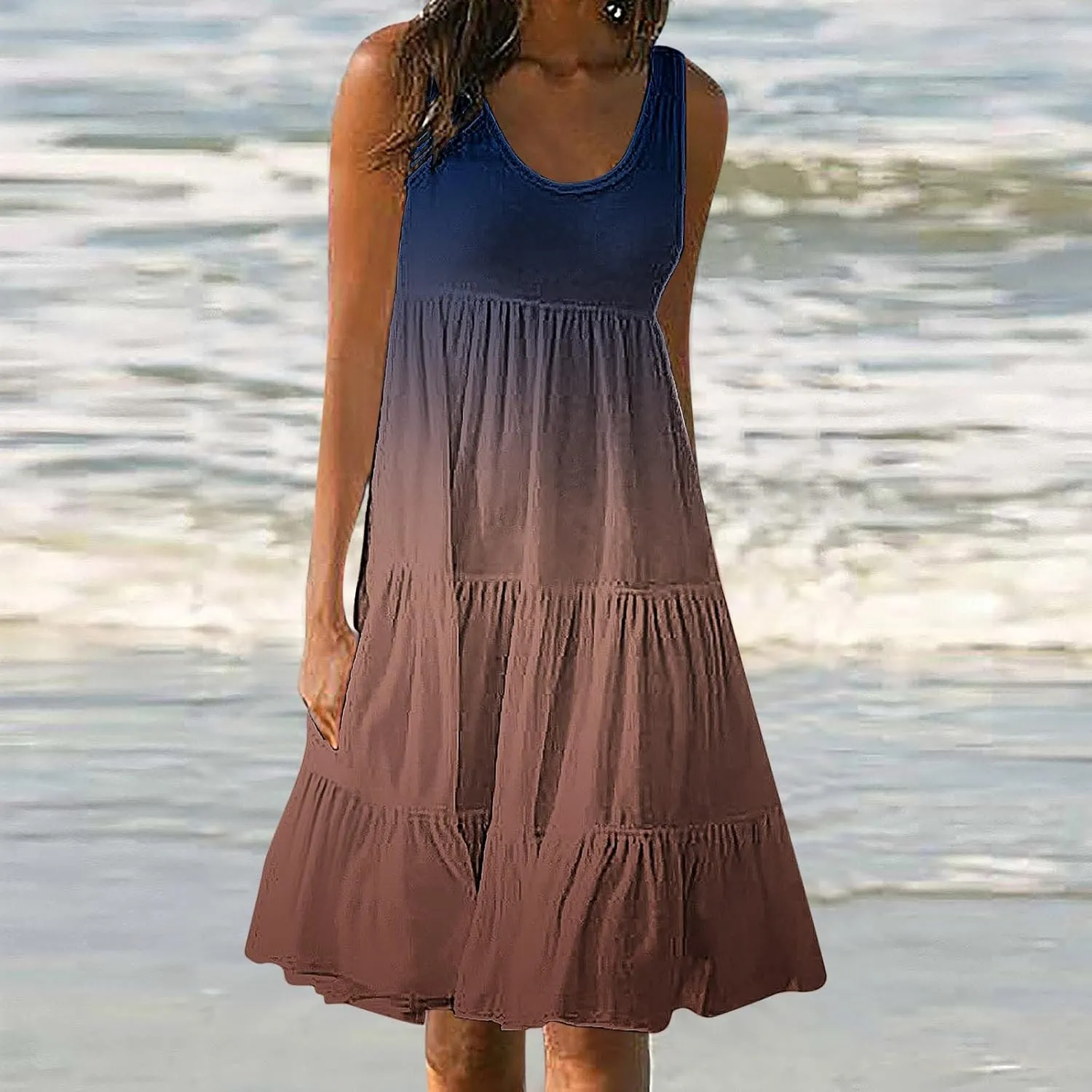 Sun Dresses for Women 2024 Vacation Plus Size Gradient Loose Fit Ruched Beach Dresses Tiered Knee Length Dresses