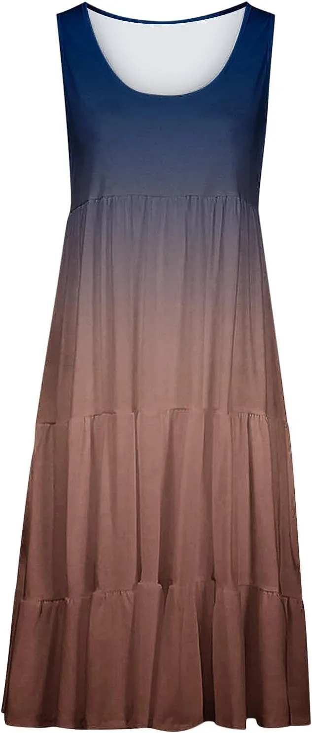 Sun Dresses for Women 2024 Vacation Plus Size Gradient Loose Fit Ruched Beach Dresses Tiered Knee Length Dresses