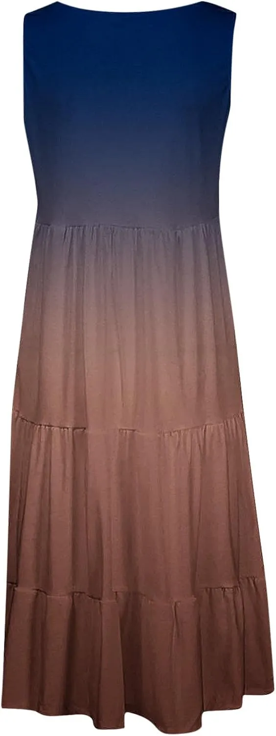 Sun Dresses for Women 2024 Vacation Plus Size Gradient Loose Fit Ruched Beach Dresses Tiered Knee Length Dresses