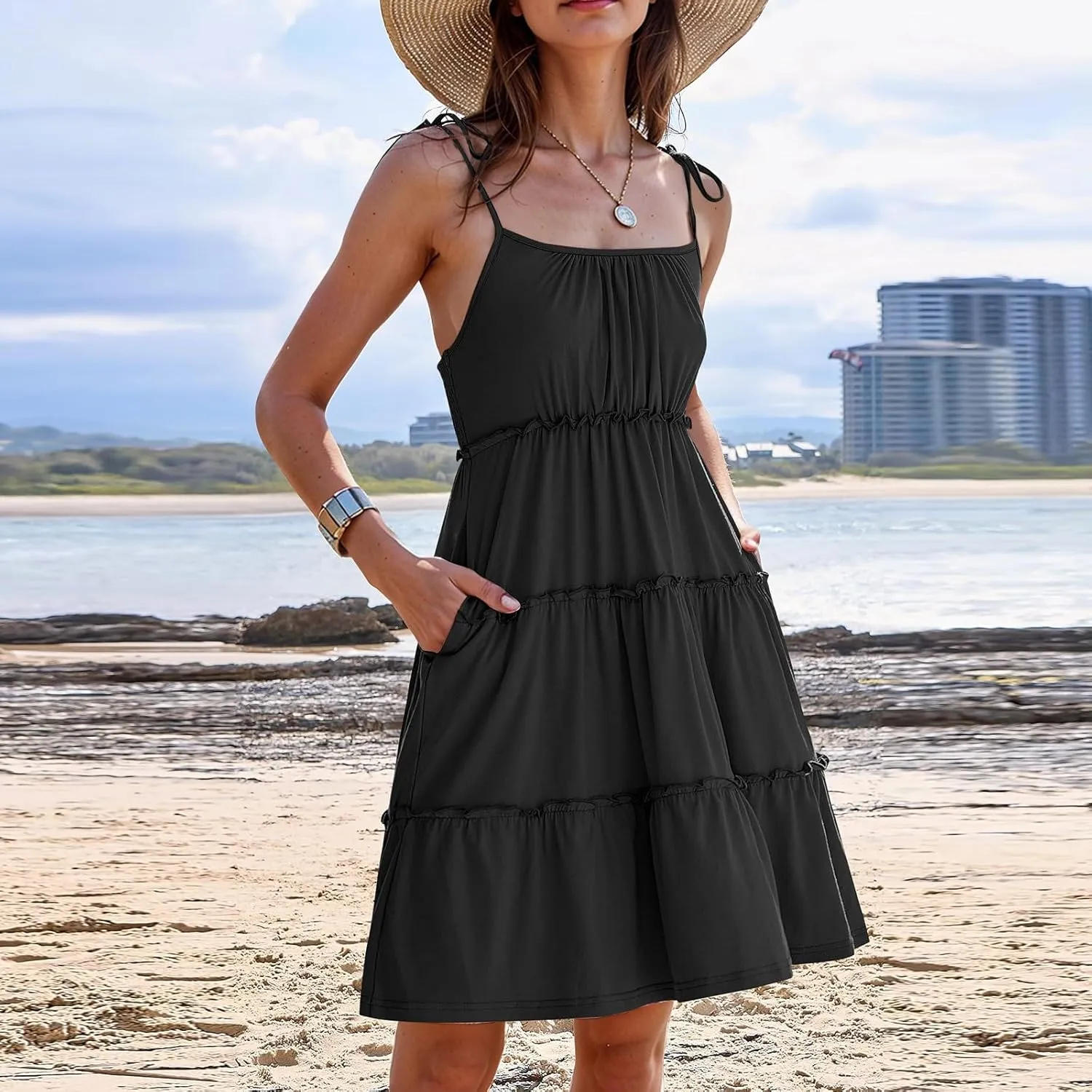 Sundress for Women 2025 Summer Casual Travel Vacation Beach Cover Ups Floral Spaghetti Strap Flowy Cute Mini Dress