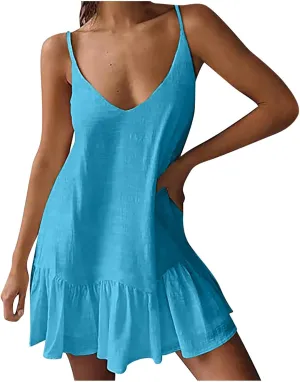 Sundresses for Women 2024 Trendy v Neck Pleated Adjustable Spaghetti Strap Beach Dress Backless Sexy Short Dress