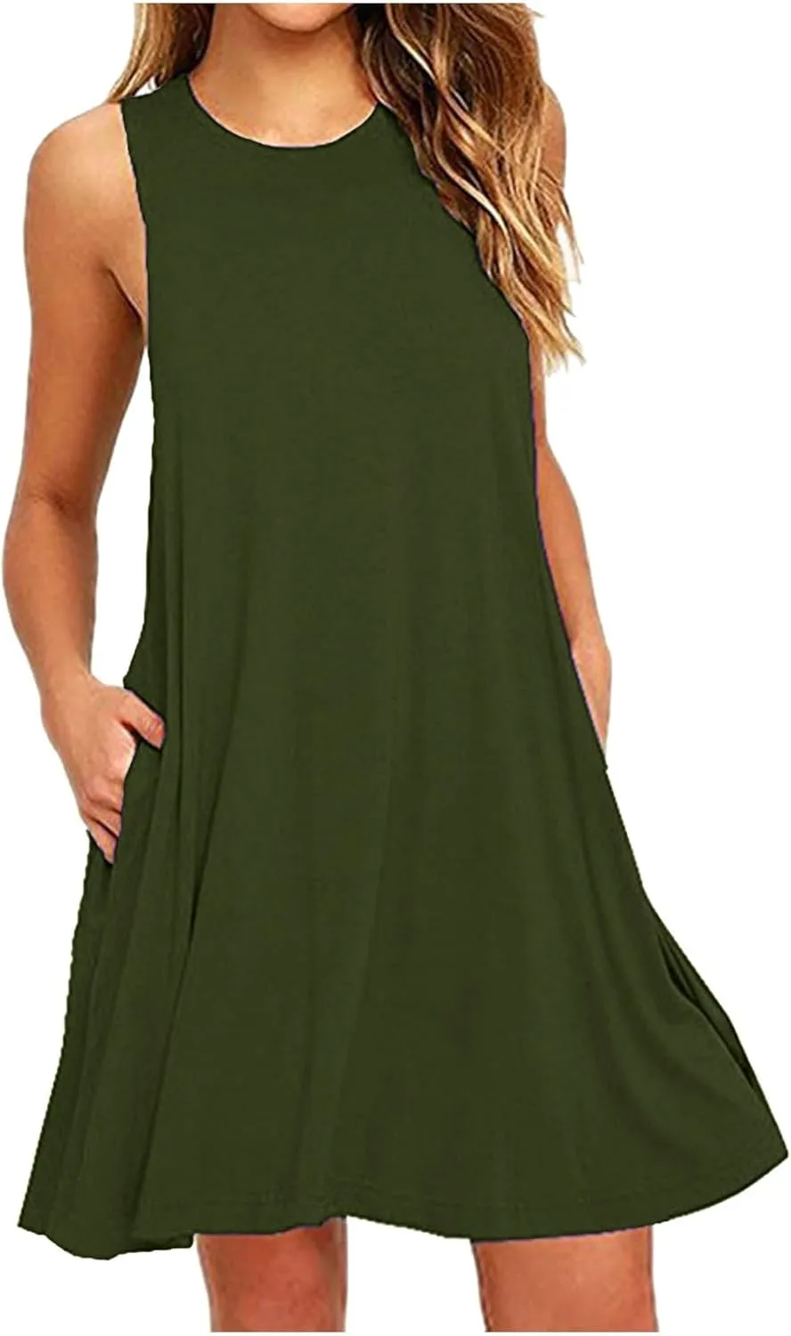 Sundresses for Women Fashion Loose Crewneck A Line Tank Mini Dress Casual Sleeveless Summer Beach Swing Dresses with Pockets