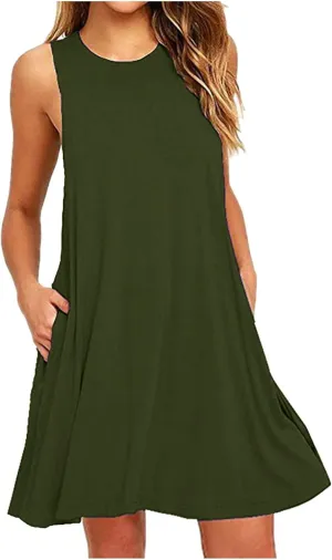 Sundresses for Women Fashion Loose Crewneck A Line Tank Mini Dress Casual Sleeveless Summer Beach Swing Dresses with Pockets