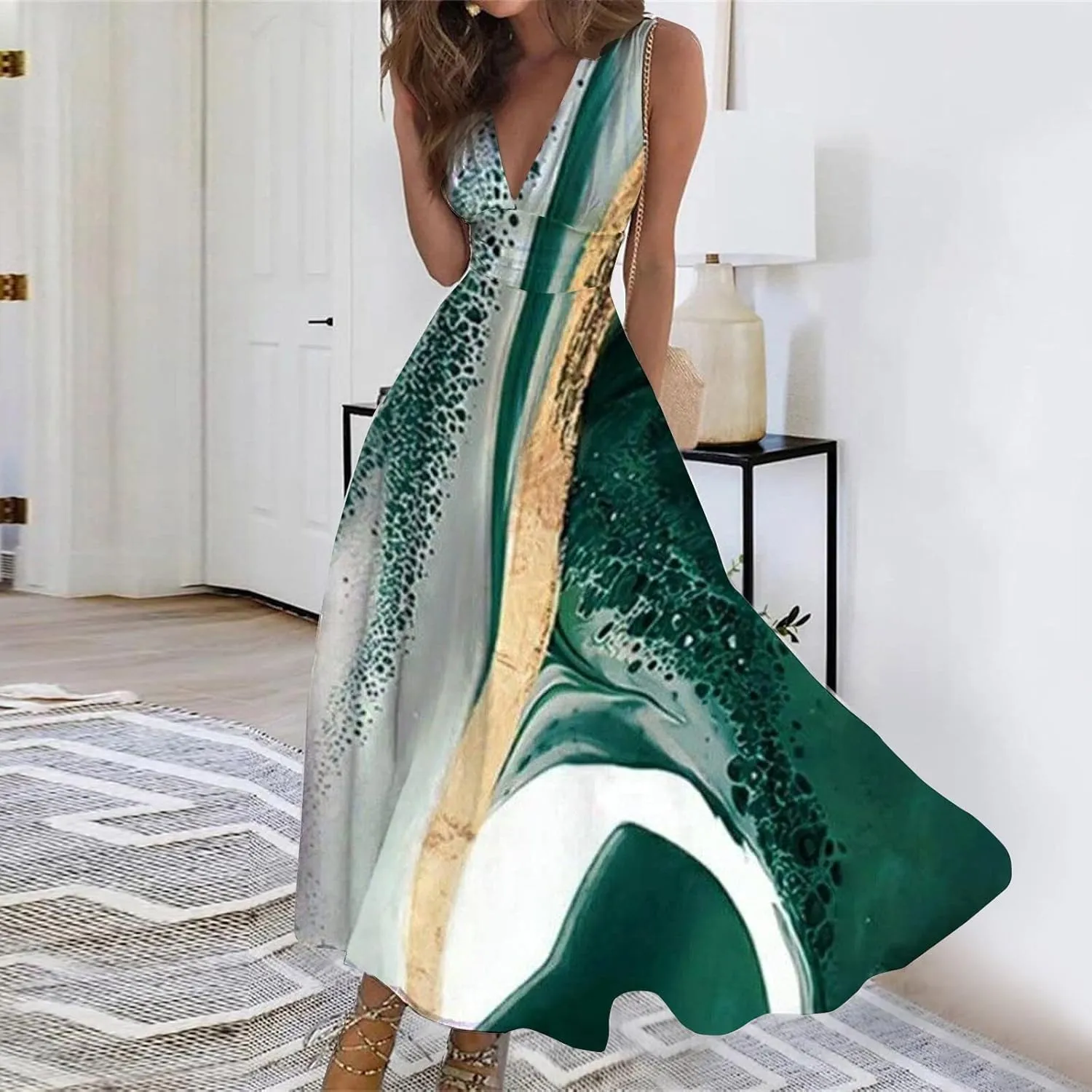 Sundresses for Women,2024 Summer Elegant Wrap V Neck Sleeveless Maxi Dress,Trendy Floral Print Flowy Boho Beach Dress