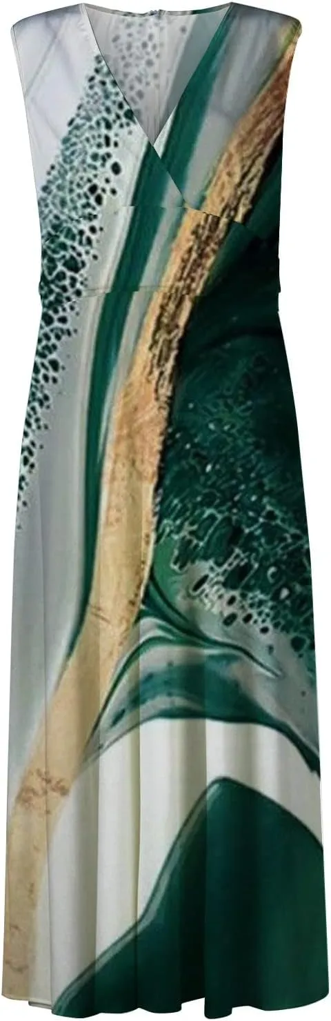 Sundresses for Women,2024 Summer Elegant Wrap V Neck Sleeveless Maxi Dress,Trendy Floral Print Flowy Boho Beach Dress