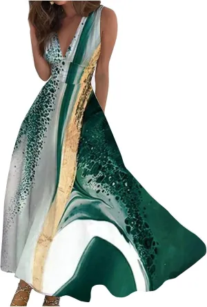 Sundresses for Women,2024 Summer Elegant Wrap V Neck Sleeveless Maxi Dress,Trendy Floral Print Flowy Boho Beach Dress