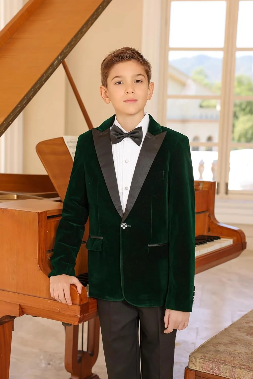 SWOTGdoby Boys Velvet Suit Green Blue Red Colors Formal Peak Lapel 2 Pieces Suit Set Blazer Pants