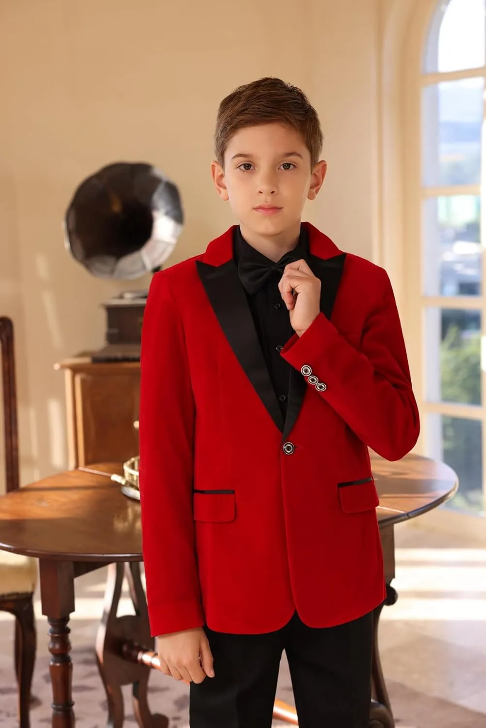 SWOTGdoby Boys Velvet Suit Green Blue Red Colors Formal Peak Lapel 2 Pieces Suit Set Blazer Pants