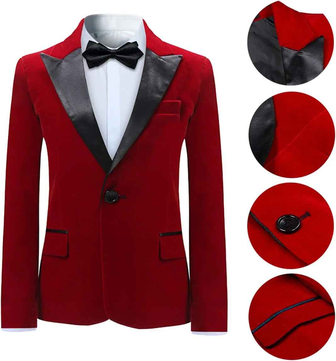 SWOTGdoby Boys Velvet Suit Green Blue Red Colors Formal Peak Lapel 2 Pieces Suit Set Blazer Pants