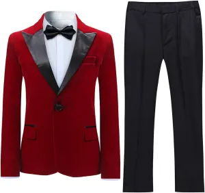 SWOTGdoby Boys Velvet Suit Green Blue Red Colors Formal Peak Lapel 2 Pieces Suit Set Blazer Pants