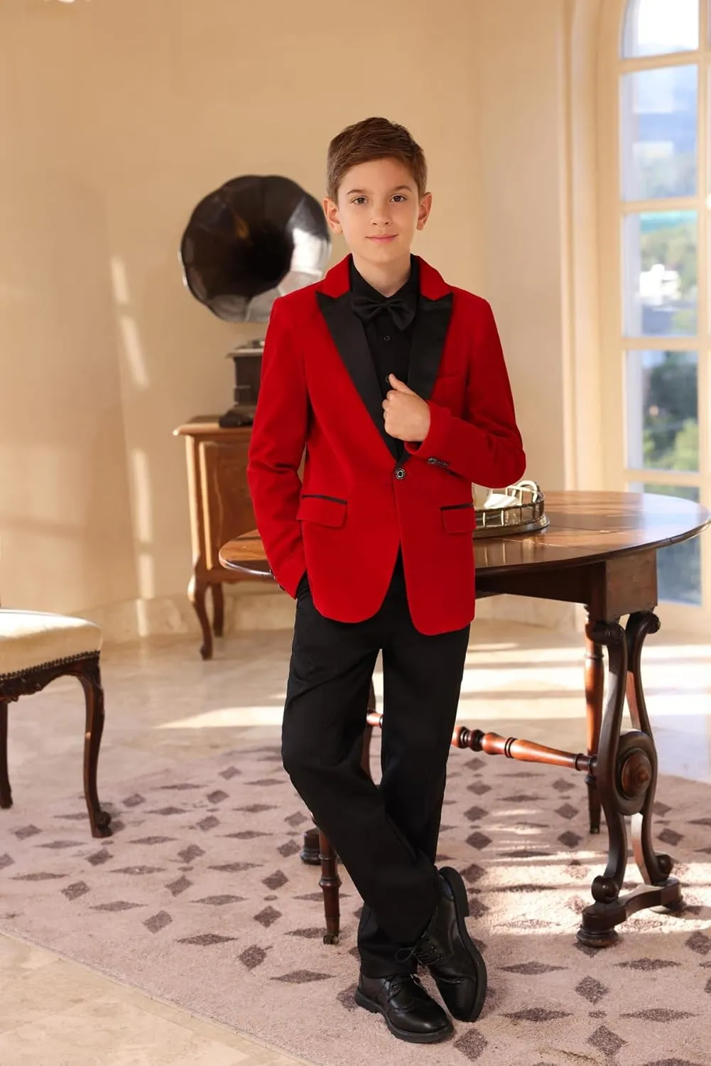 SWOTGdoby Boys Velvet Suit Green Blue Red Colors Formal Peak Lapel 2 Pieces Suit Set Blazer Pants
