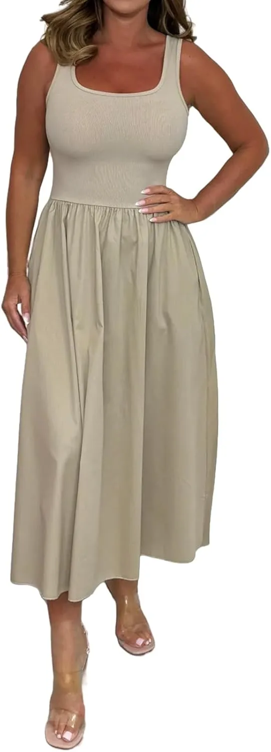 Tank Dresses for Women Casual Flowy Scoop Neck Sleeveless Midi Dress Summer Trendy Tunic Ruffle Hem Beach Sundress
