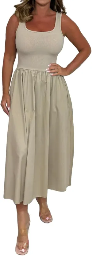 Tank Dresses for Women Casual Flowy Scoop Neck Sleeveless Midi Dress Summer Trendy Tunic Ruffle Hem Beach Sundress