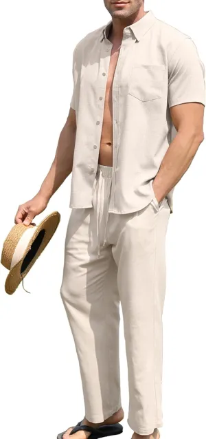URRU Mens 2 Piece Linen Outfit Summer Beach Short Sleeve Button Down Shirt and Pants Set
