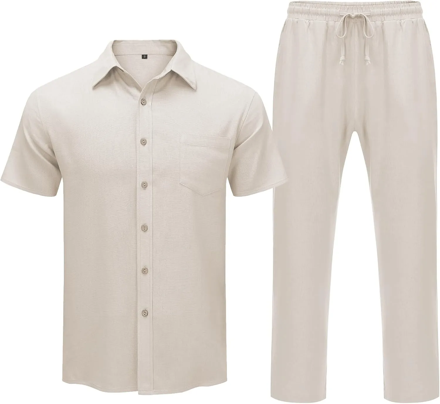 URRU Mens 2 Piece Linen Outfit Summer Beach Short Sleeve Button Down Shirt and Pants Set