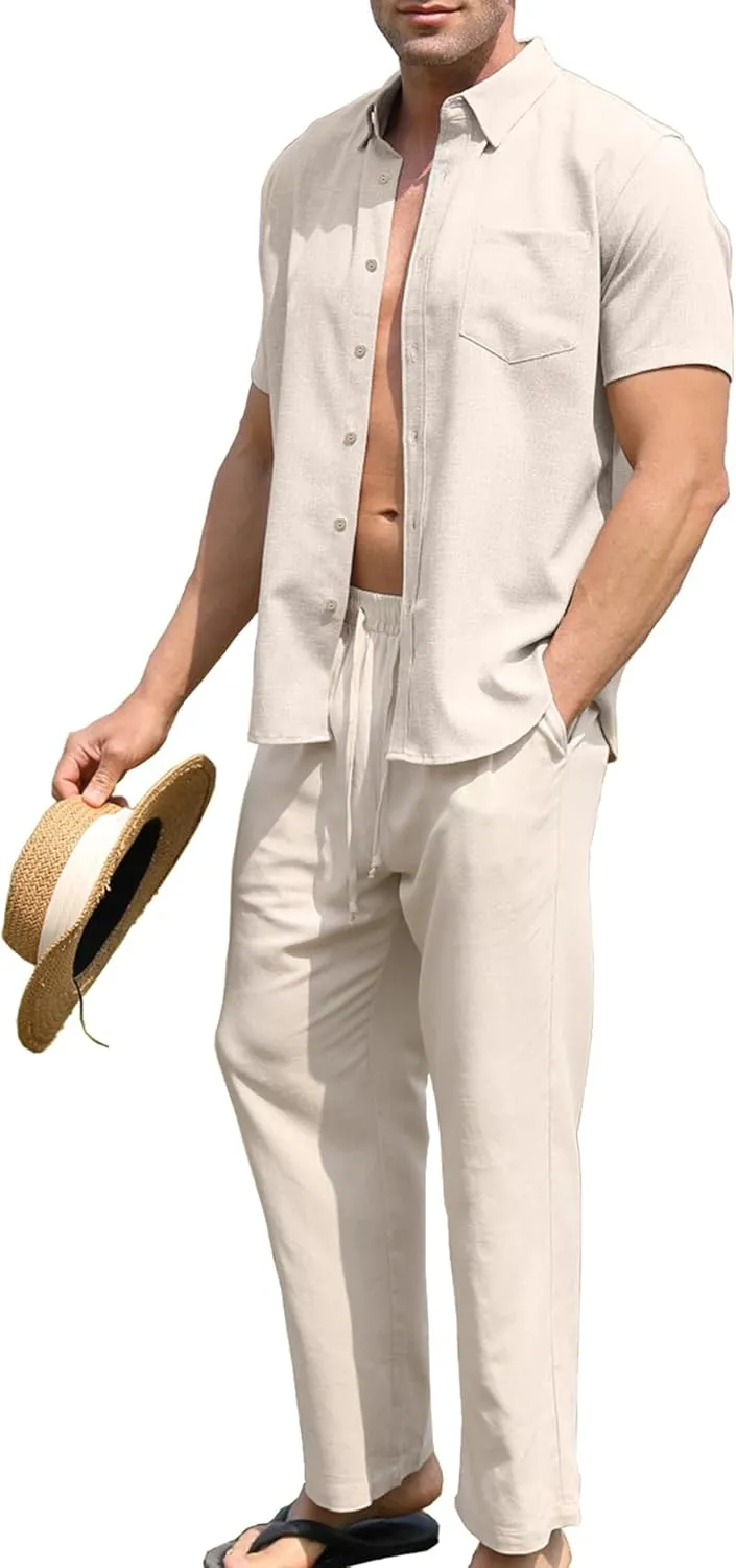 URRU Mens 2 Piece Linen Outfit Summer Beach Short Sleeve Button Down Shirt and Pants Set