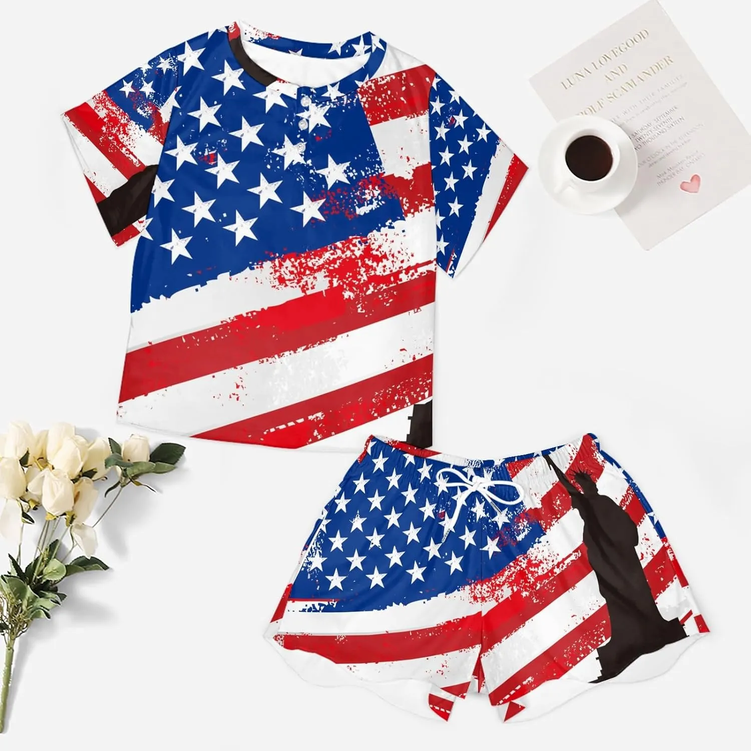 U.S.A Flag and Free Pajama Set for Women 2 Piece Sleepwear Loungewear Short Sleeve PJ S