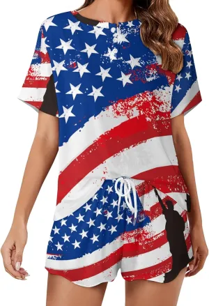 U.S.A Flag and Free Pajama Set for Women 2 Piece Sleepwear Loungewear Short Sleeve PJ S