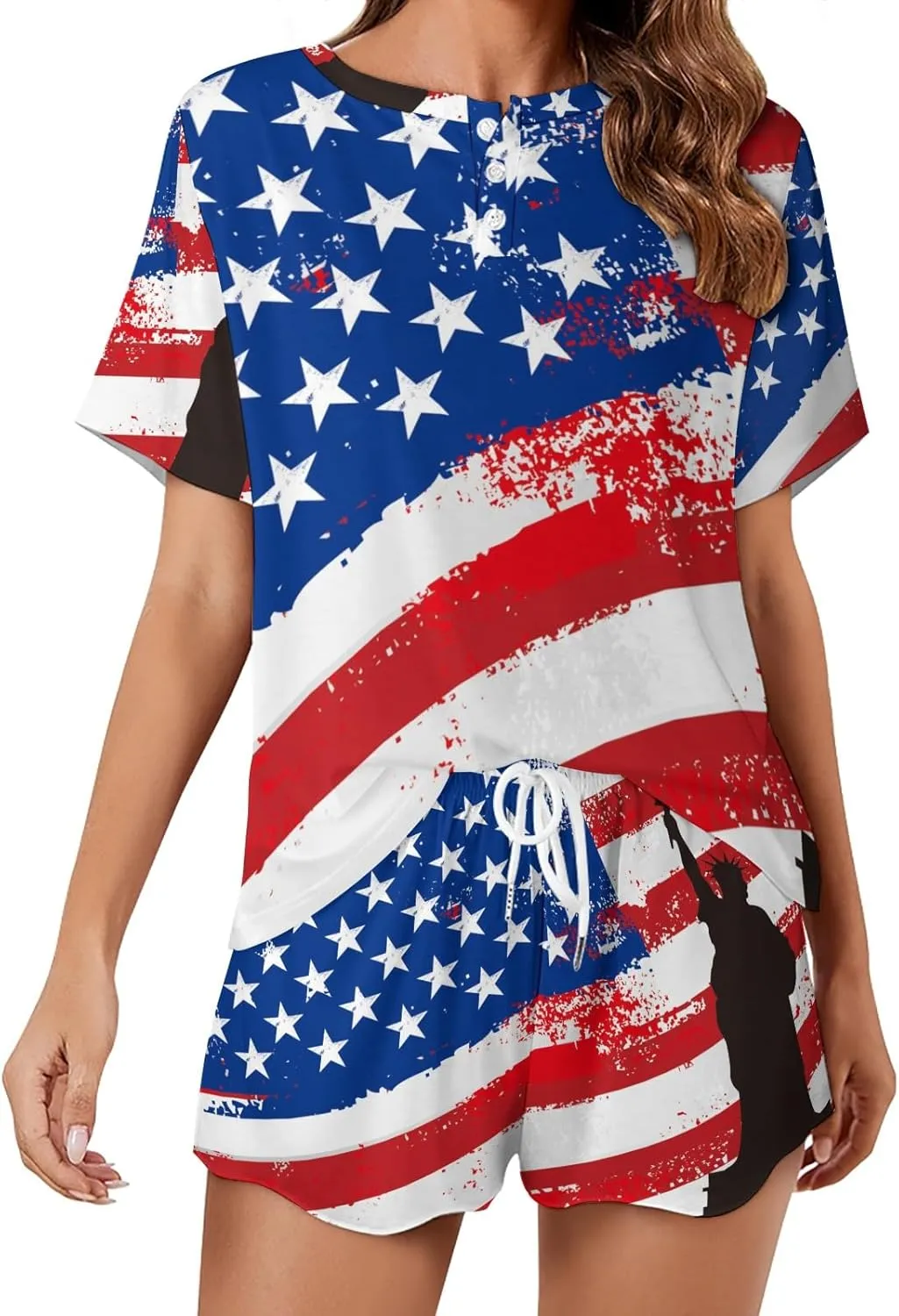 U.S.A Flag and Free Pajama Set for Women 2 Piece Sleepwear Loungewear Short Sleeve PJ S