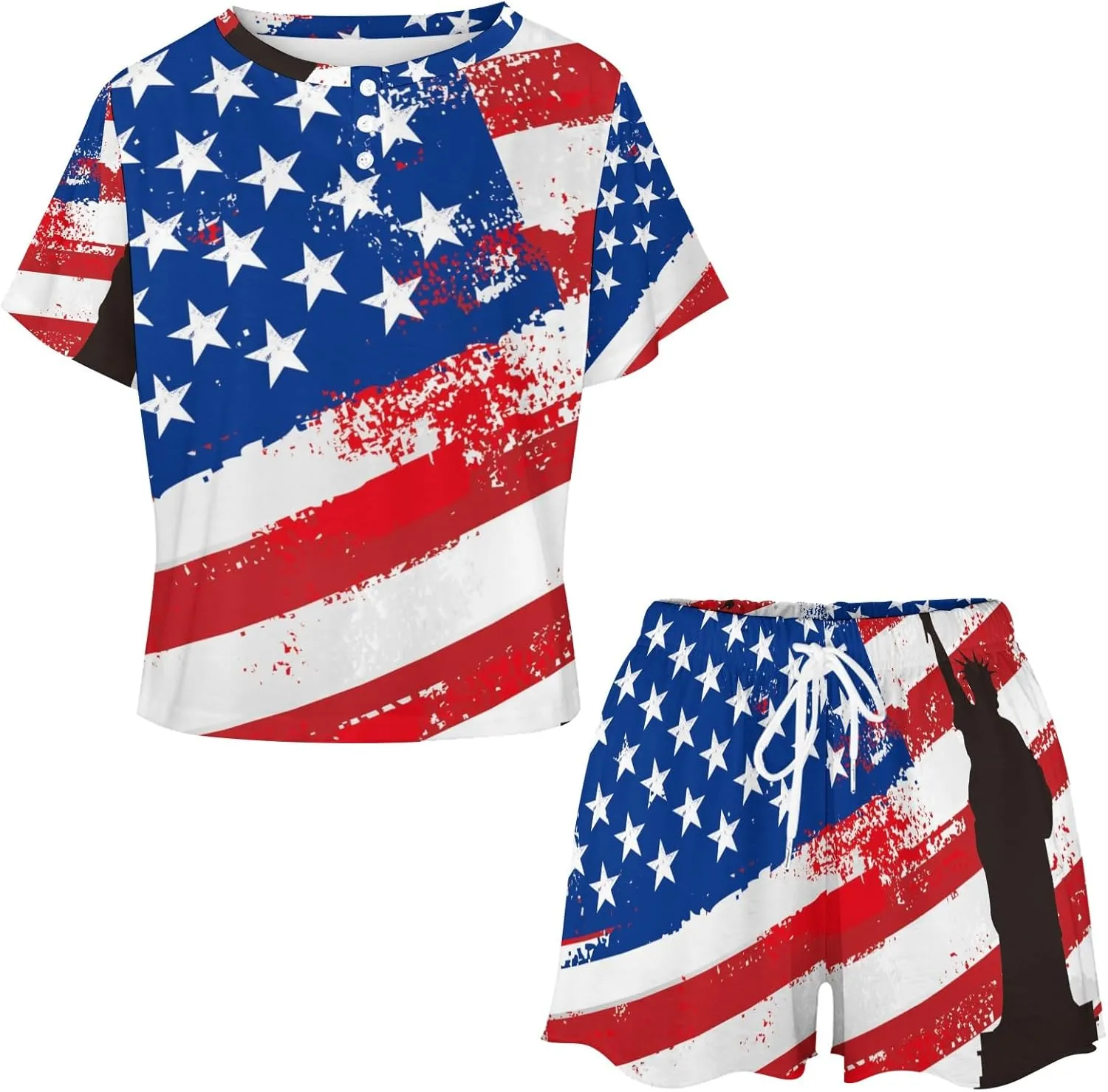 U.S.A Flag and Free Pajama Set for Women 2 Piece Sleepwear Loungewear Short Sleeve PJ S