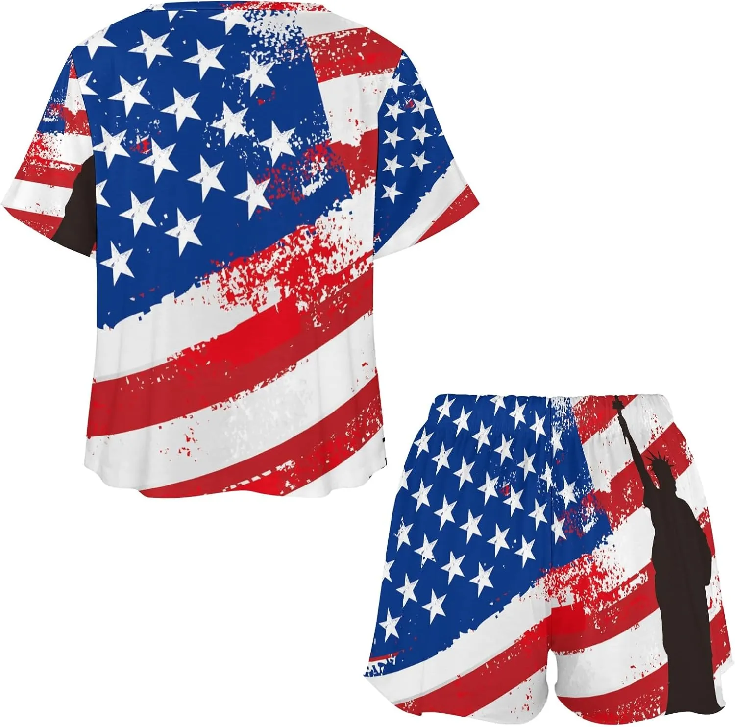 U.S.A Flag and Free Pajama Set for Women 2 Piece Sleepwear Loungewear Short Sleeve PJ S