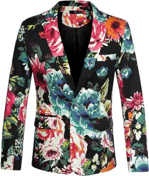 uxcell Men's Suit Blazer Slim Fit Floral Printed One Button Prom Jacket Sport Coat