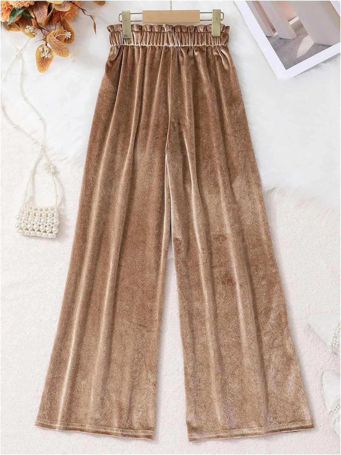 WDIRARA Girl's Elastic Waist Wide Leg Velvet Pants Bowknot Loose Trousers
