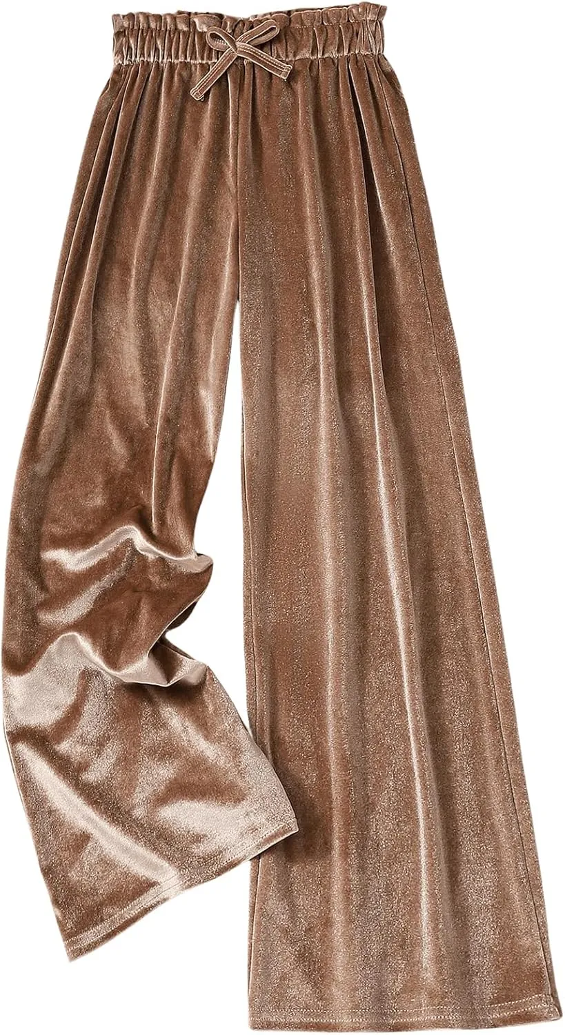 WDIRARA Girl's Elastic Waist Wide Leg Velvet Pants Bowknot Loose Trousers