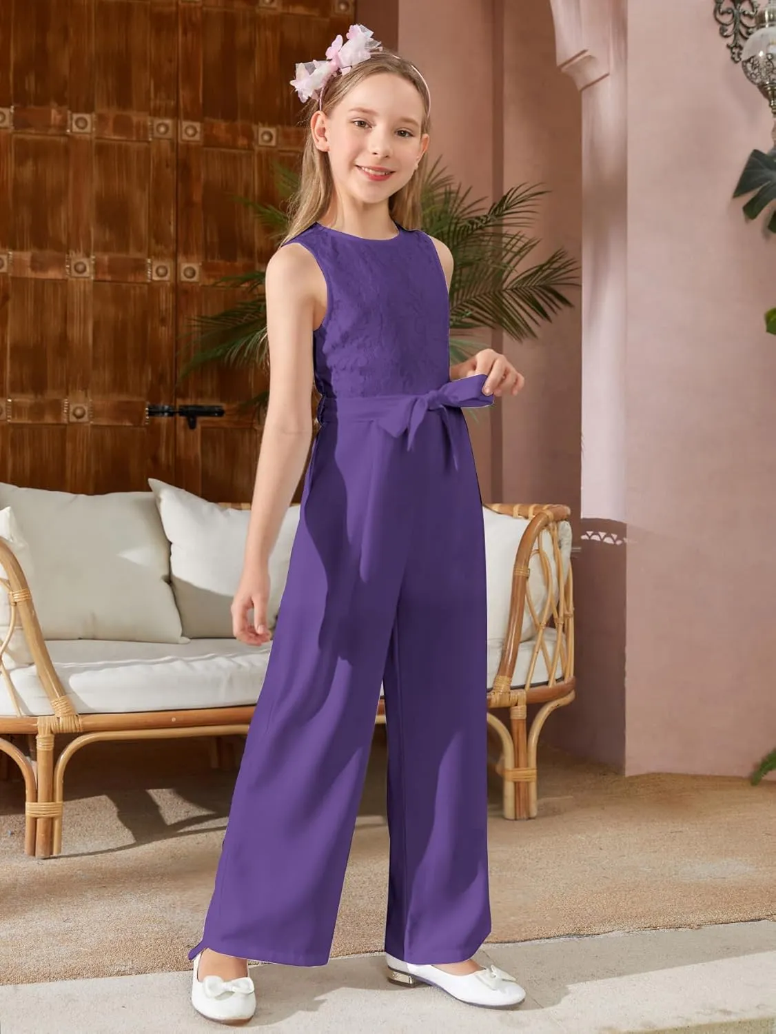 WDIRARA Girl's Lace Round Neck Sleeveless Belted Wide Leg Jumpsuit Pants