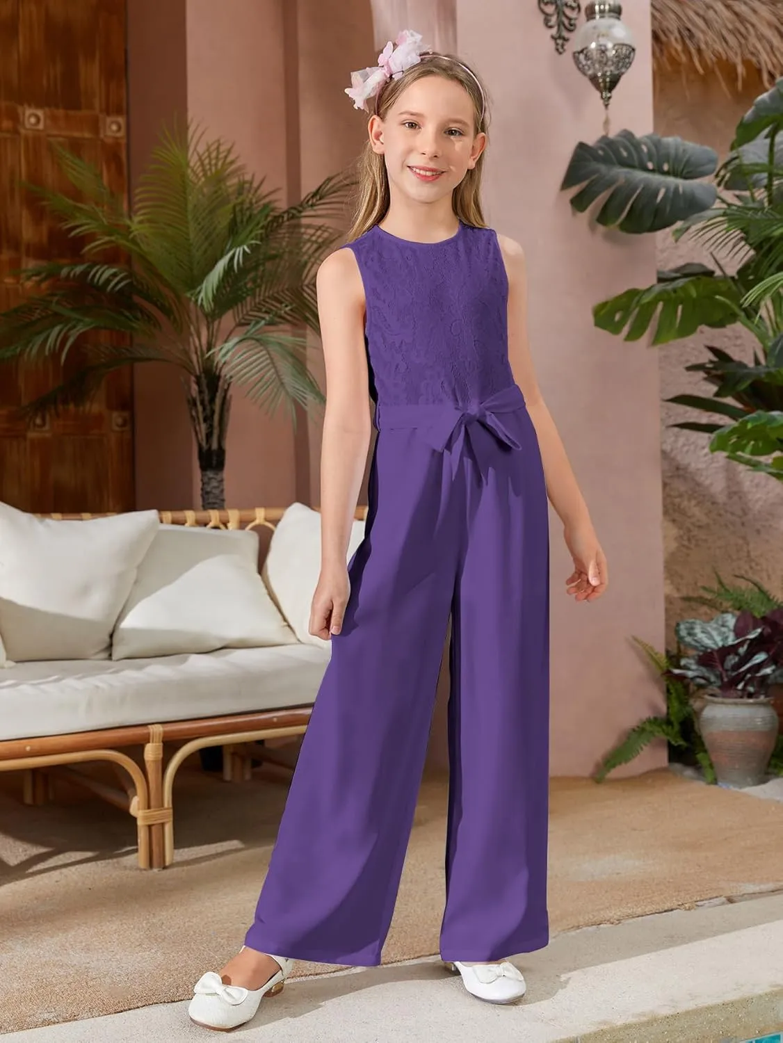 WDIRARA Girl's Lace Round Neck Sleeveless Belted Wide Leg Jumpsuit Pants