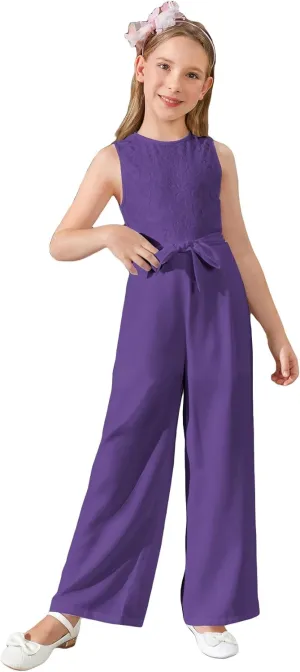 WDIRARA Girl's Lace Round Neck Sleeveless Belted Wide Leg Jumpsuit Pants