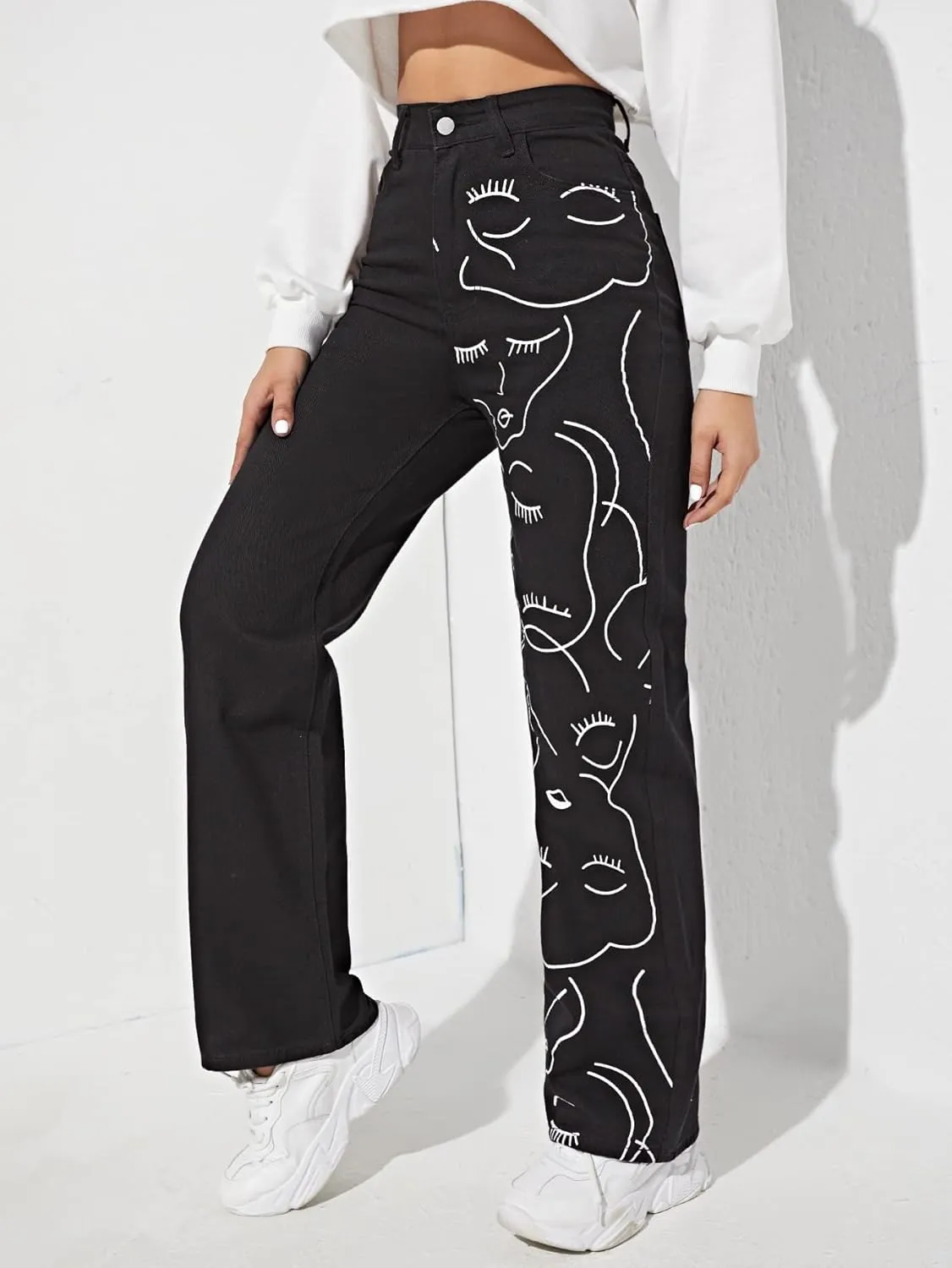 WDIRARA Women's Graphic Print High Waist Wide Leg Jeans Button Denim Pants