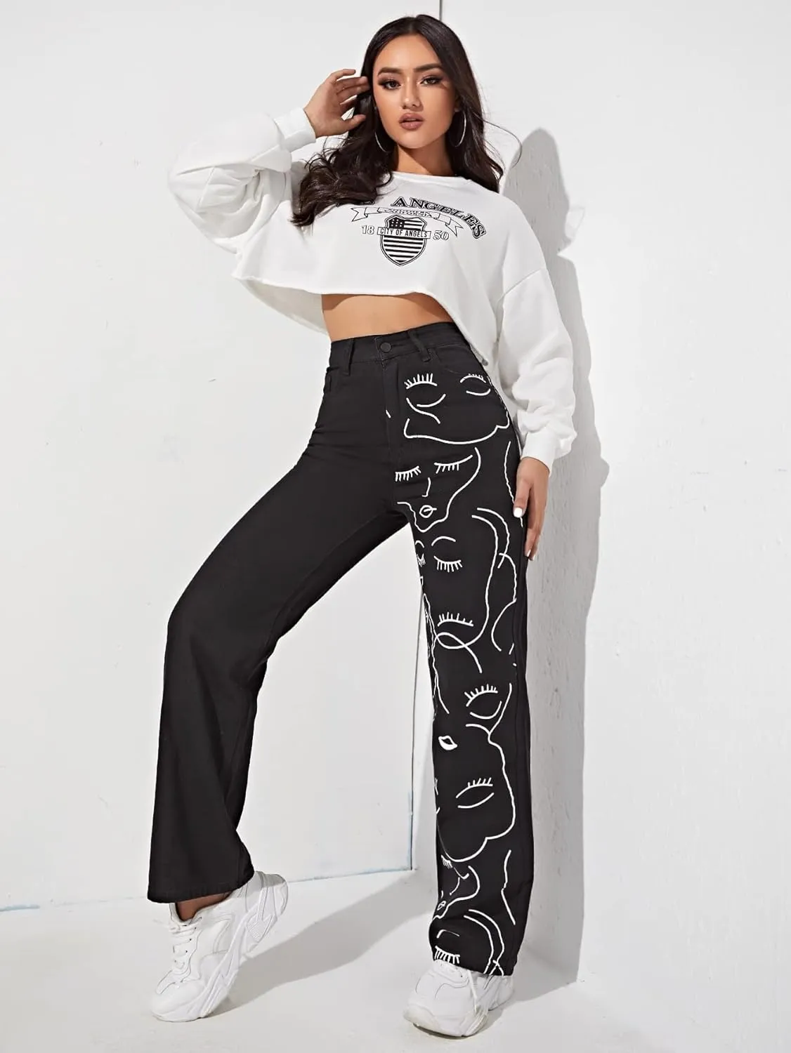 WDIRARA Women's Graphic Print High Waist Wide Leg Jeans Button Denim Pants