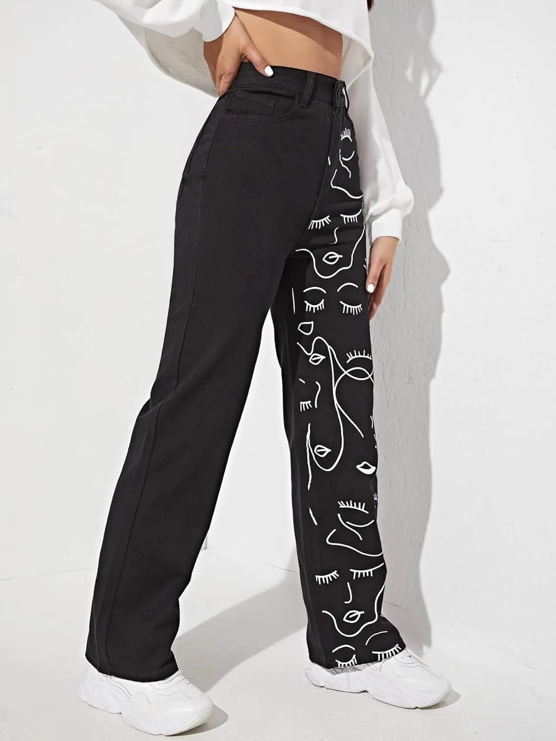 WDIRARA Women's Graphic Print High Waist Wide Leg Jeans Button Denim Pants