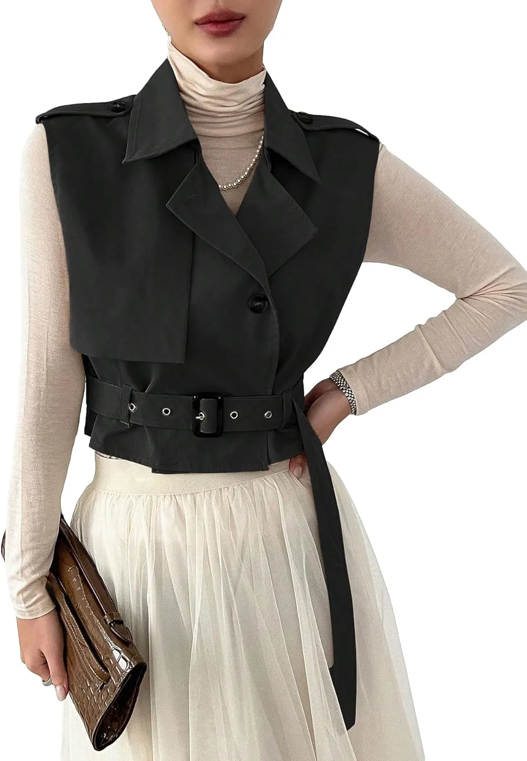 WDIRARA Women's Lapel Collar Sleeveless Belted Cropped Trench Coat Sleeveless Vest Coat