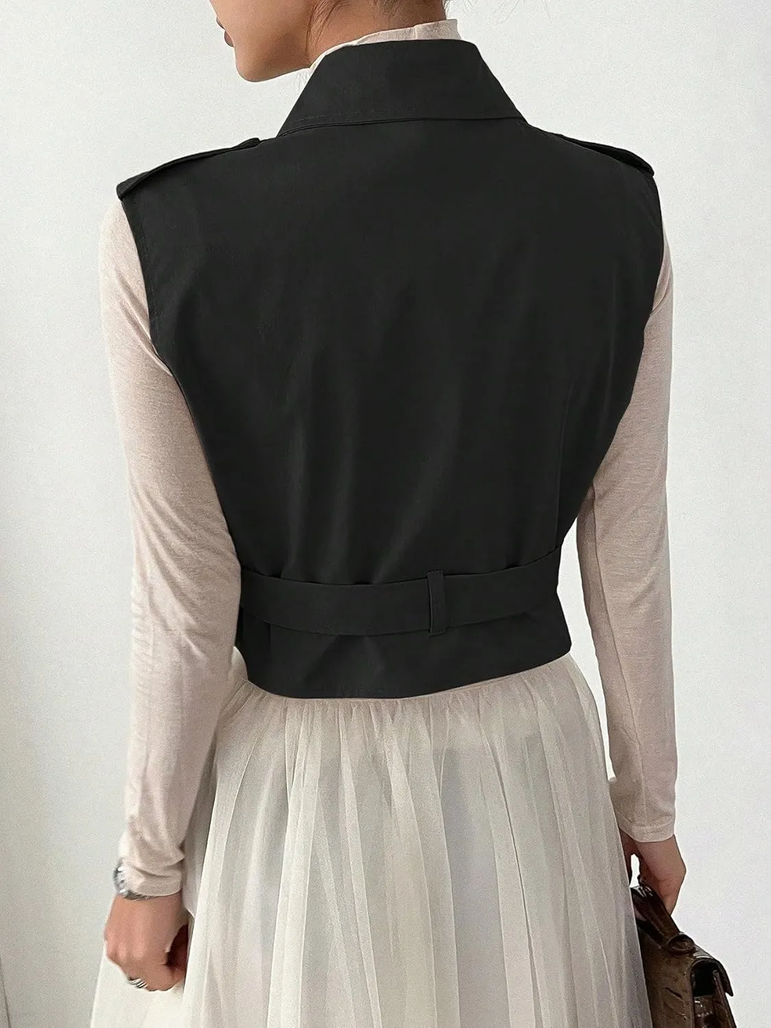 WDIRARA Women's Lapel Collar Sleeveless Belted Cropped Trench Coat Sleeveless Vest Coat