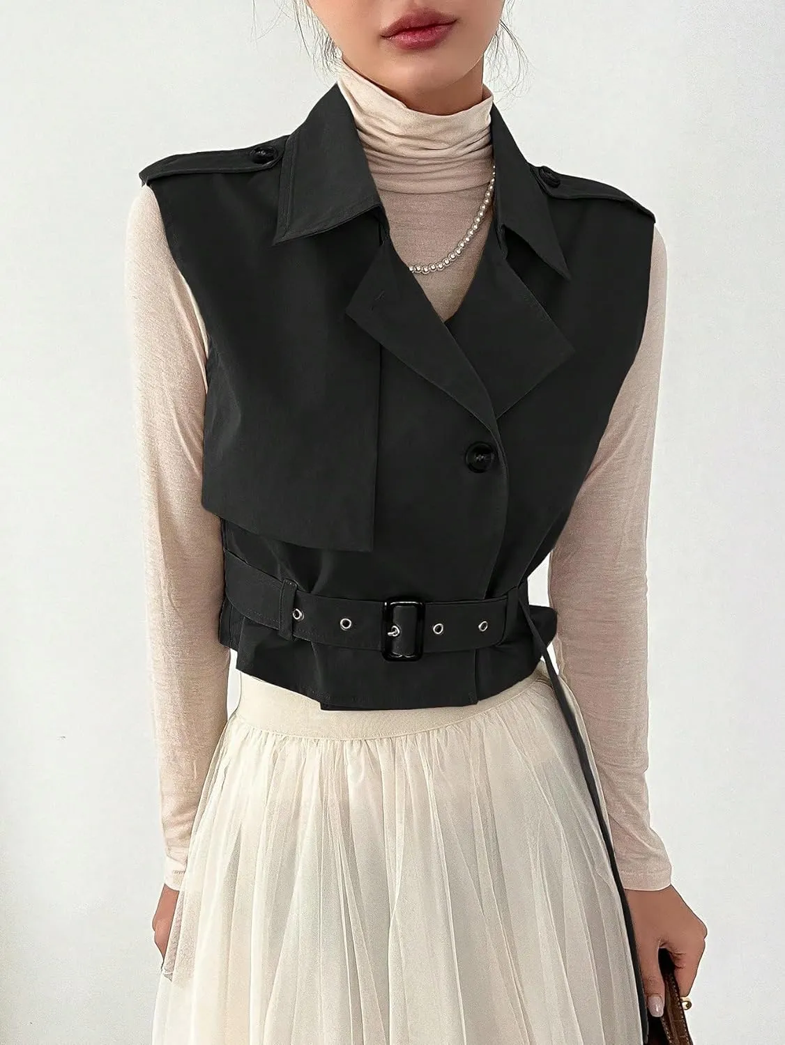 WDIRARA Women's Lapel Collar Sleeveless Belted Cropped Trench Coat Sleeveless Vest Coat